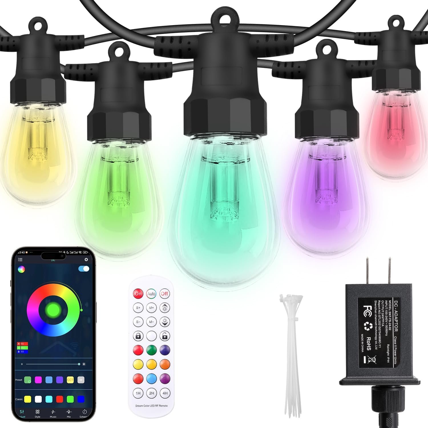 Outdoor String Lights 100FT, Color Changing Patio Lights, Waterproof | 2×50FT,40 Shatterproof LED Bulbs,Multicolor & Warm White,Dimmable,IP67 Waterproof, APP & Remote,Custom Colors,24V Low Voltage