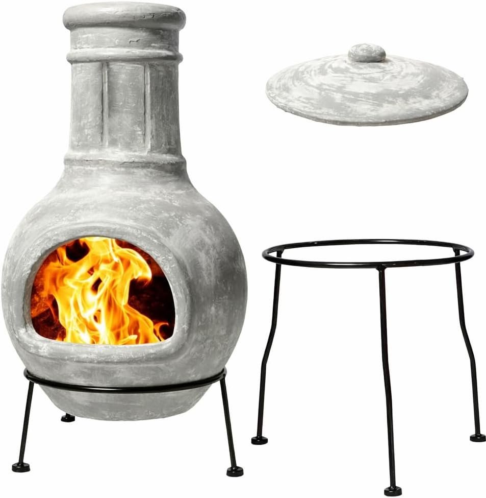Wiosi Small Chiminea Outdoor Fireplace Grey –Clay Chimineas with Chimney Rain Lids and Solid Metal Stands – Mini Terracotta Chimenea – Rustic Fire Pit Chimnea 12 x 12 x 27-inch