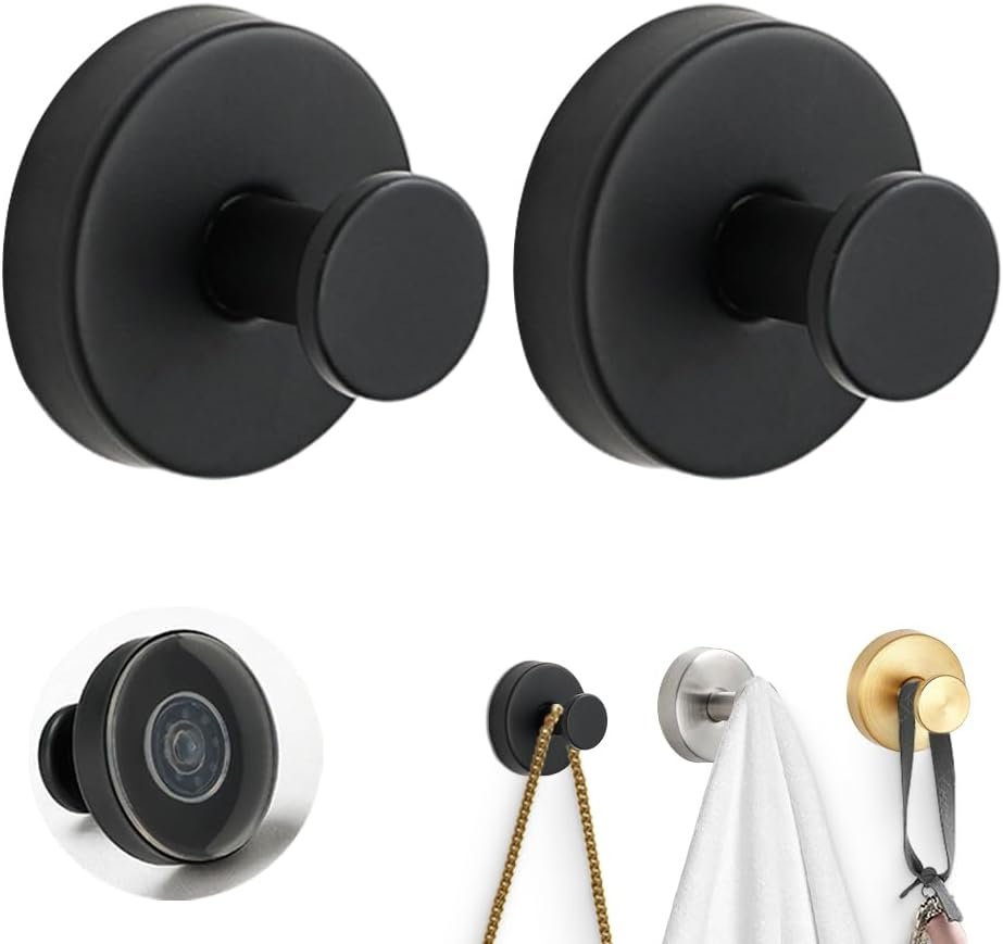 Suction Cup Hooks for Door Wreaths,2026 Upgrade No-Drill Hooks,Stainless Steel Waterproof Suction Cup Hook,Rustproof Holder Towel Hooks for Bathroom Wall,Kitchen,Glass,Tile (Black, 2 PCS)