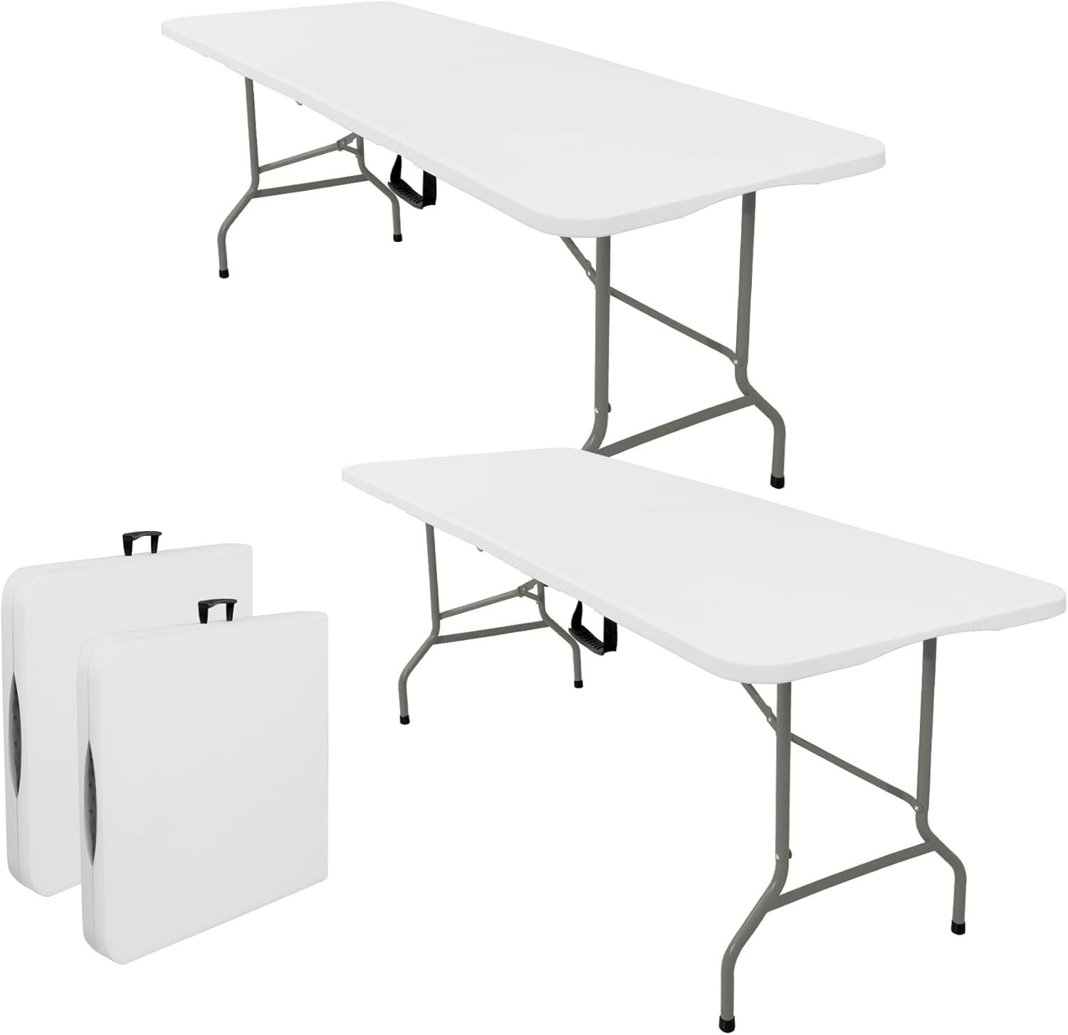 Set of 2 Folding Tables with Carrying Lightweight Rectangular Portable Plastic Camping Table Steel Legs for Party, Dining, Wedding, Events, Picnic, Outdoor (5FT, White)