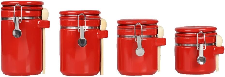 Canister Sets For The Kitchen (4 Piece Set) Red, High Gloss Ceramic | By Home Basics | Decorative | With Wooden Spoons, Countertop Set For Flour, Sugar, Coffee, and Snacks
