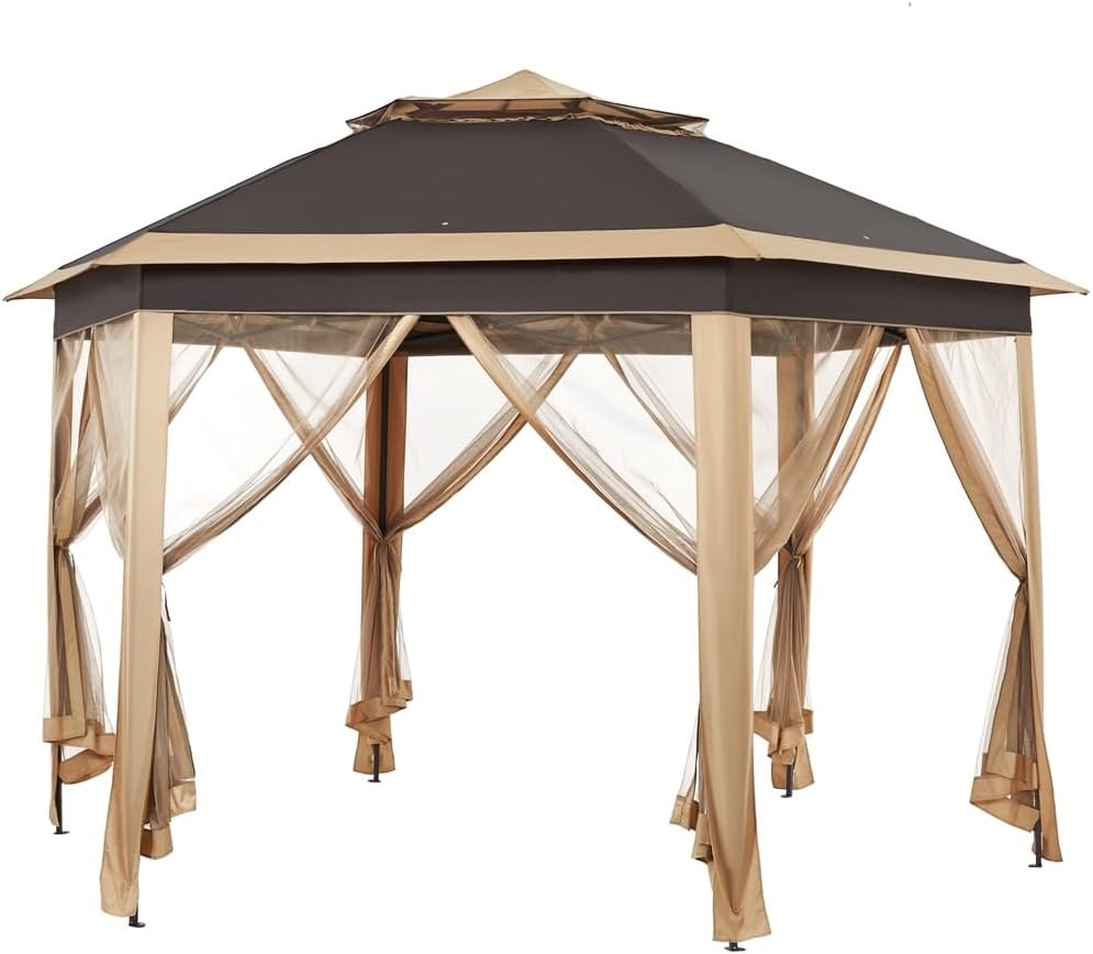 Yaheetech 13×13 Pop Up Gazebo Double-Tier w/Mesh Netting Patio Canopy Brown | UPF50+ waterproof hexagonal pop up gazebo w/ 4 sandbags, instant shade for backyard, lawn, outdoor leisure & gatherings