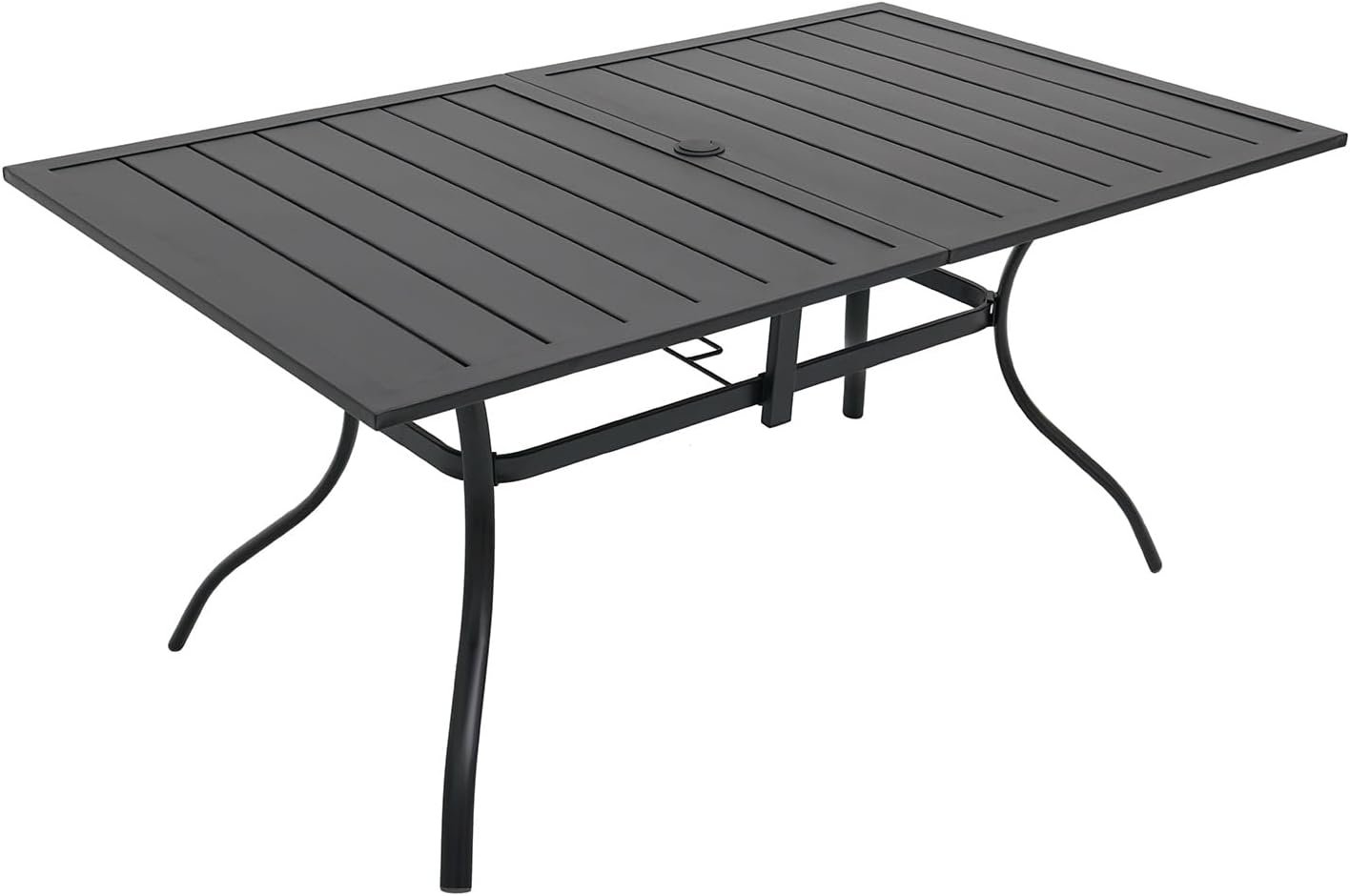 63″x38″ Rectangle Outdoor Patio Dining Table with Umbrella Hole – 6 Person | 63″ x 38″ x 28″ Rectangle Table, Slat Table Top, Black, Metal Top and Frame, 1.57″-1.9″ Adjustable Umbrella Hole, All Weather