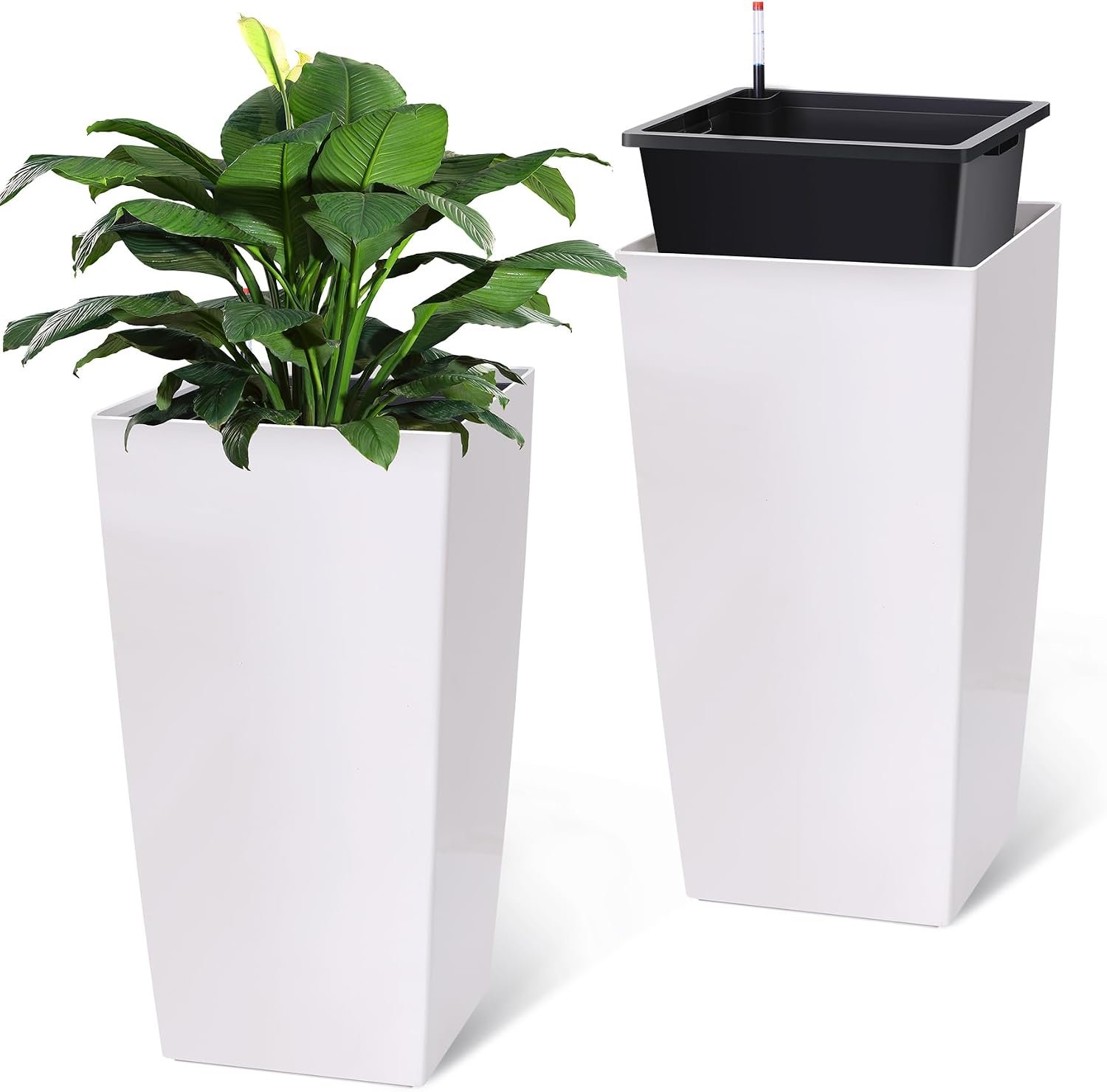 Garvee 30″ Tall Planters Set of 2, Outdoor＆Indoor Planter Pots | High Front Porch Planter Pots with Drainage Holes＆Water Level Monitor＆Inner Bucket,White