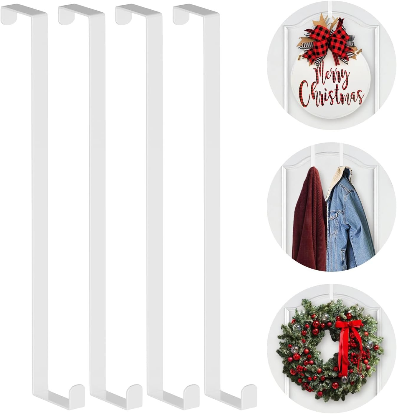 Booda Brand 14″ Wreath Hangers (4 PCS) Fit 1-3/4″ & 1-3/8″ Door Widths | Sturdy Metal Over The Door Hooks Hold up to 40 LBS, No Scratch Door Hangers for Clothes/Towels/Wreaths/Seasonal Decor, White