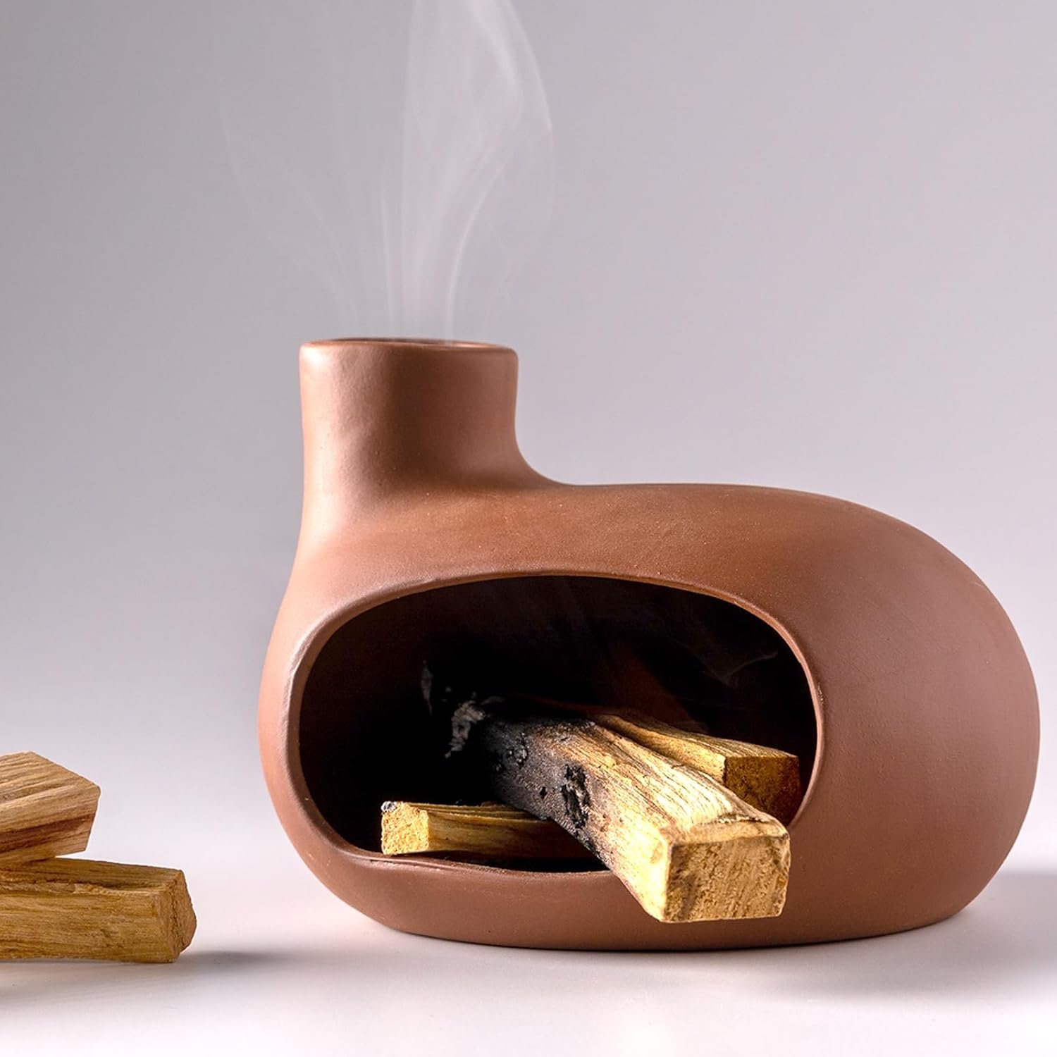 MOUGIGI Terracotta Palo Santo Holder – Modern Chiminea Incense Burner for Yoga, Meditation, and Energy Cleansing – Wood Sticks Dish, Sage Ash Catcher, Smudge Bowl, Cone Burner – Unique Meditation Gift