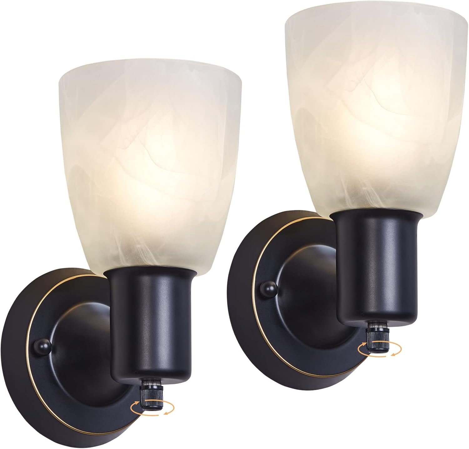 Wall Sconces Set of 2, Matte Black Vanity Lights for Bathroom, Modern Wall Light Fixtures with Rotary Switch, Wall Mount Light with Frosted Glass, Farmhouse Lamp for Bedroom Mirror Living Room