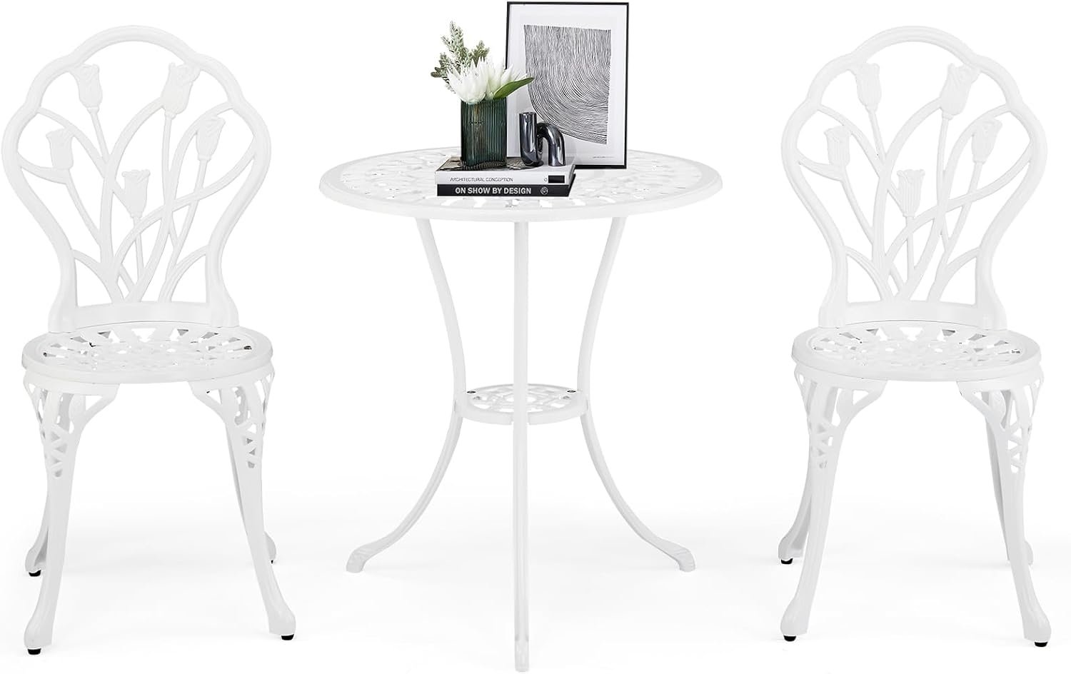 VINGLI 3 PCS Outdoor Bistro Set, Outdoor Patio Set, All-Weather Cast Aluminum Bistro Table Set, Bistro Table and Chairs Set of 2 for Backyard, Garden, Balcony (White, Tulip)
