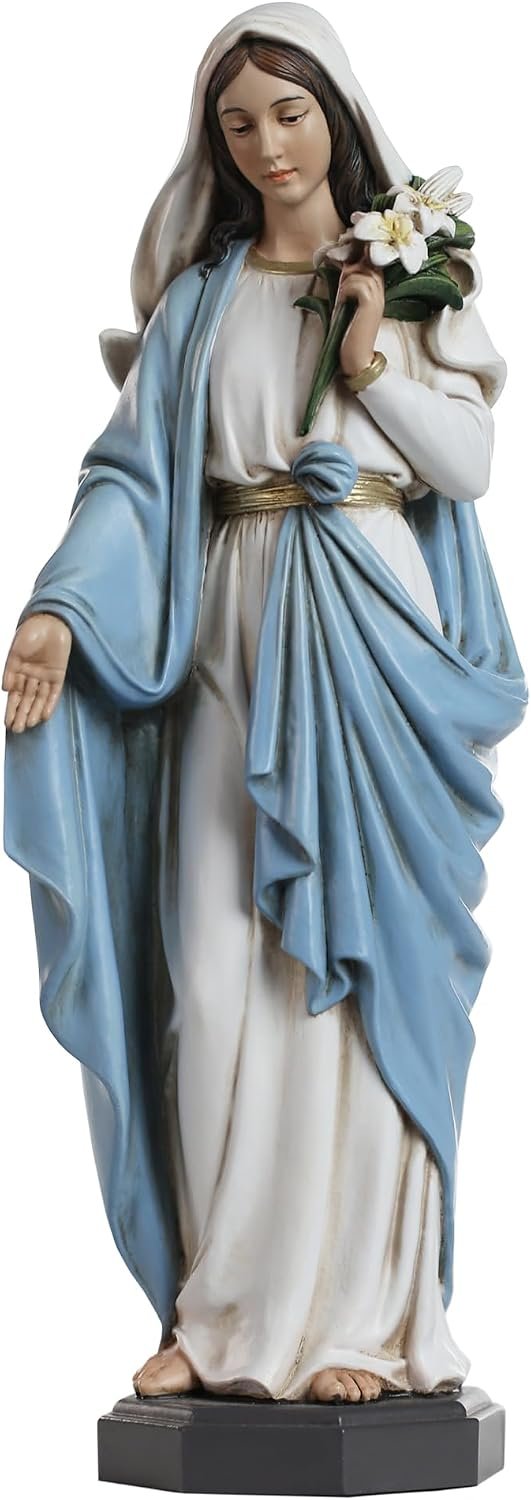 Blessed Mother Mary Statue – 10 Inch Madonna Virgin Mary Statue Elegant Home Decor, Hand Painted Saint Mary Holding Lilies Figurines Renaissance Collection