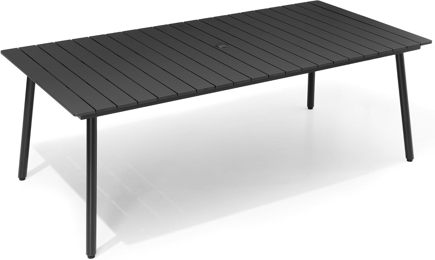 83″ Patio Outdoor Dining Table for 6-8 with Wood-Grain Top | Weather-Resistant Aluminum Frame Dining Table with Umbrella Hole for Deck Gatherings, Black