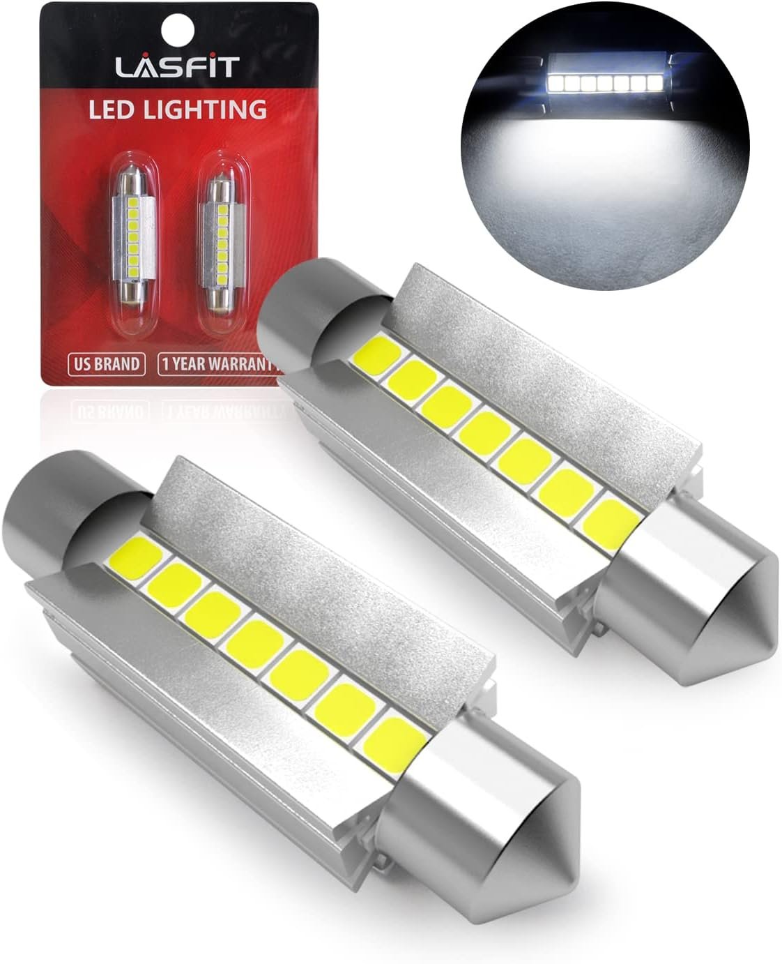 LASFIT Super Bright 42MM LED Festoon 41MM 211-2 578 212-2 LED Use for Dome Map Door Interior Door Trunk Glove Box Lights 6000K White Light Upgraded(2pcs)