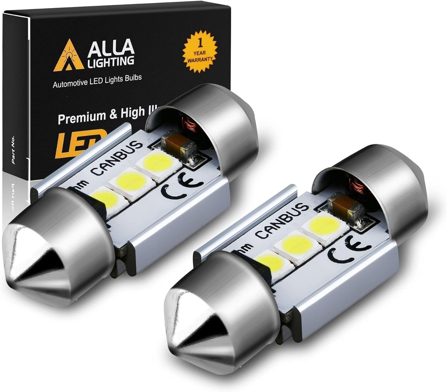 Alla Lighting 31mm DE3021 DE3022 7065 LED Festoon Bulbs, 6000K Xenon White DE3175 CAN-Bus Interior Dome, Map, Trunk, Step Courtesy Lights Lamps