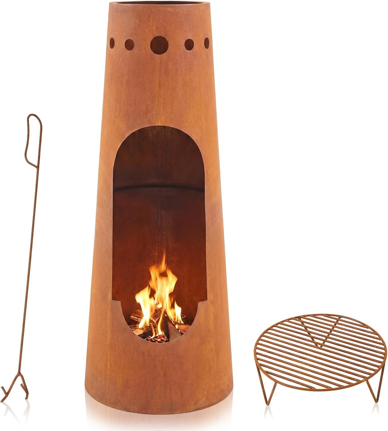 50 Inch Traditional Outdoor Chiminea Fireplace Heavy-Duty Steel Wood-Burning Chiminea Fire Pit with Wire Mesh Baking Tray
