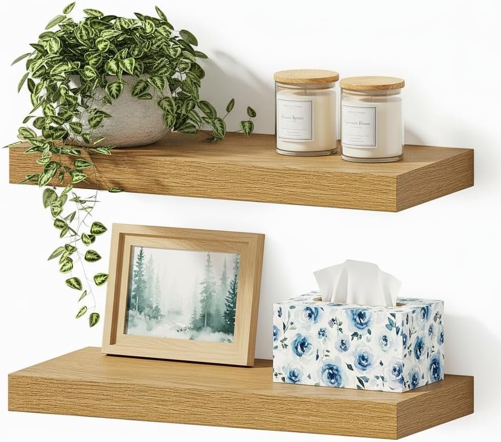 Vivelove Floating Shelves for Wall Mounted 16 inch Set of 2, Oak | Over Toilet, Easy Install With Hardware, Invisible Brackets, Wall Mounted, For Bathroom Bedroom Living Room Kitchen