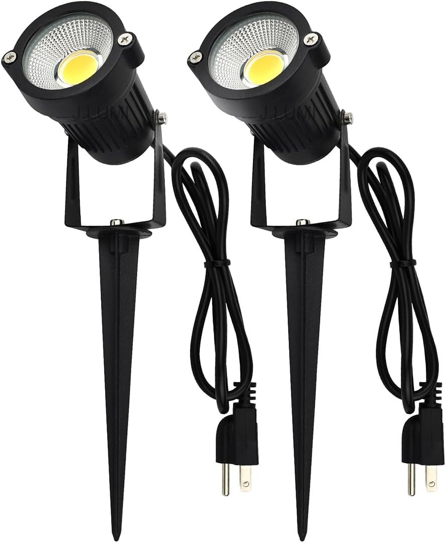 GSS6005 Outdoor Plug-in LED Spotlight – 5W 450LM Warm White 3000K, IP65 Waterproof Landscape Spotlight with Ground Stake, Metal, 3ft Cord, 120V (Pack of 2)