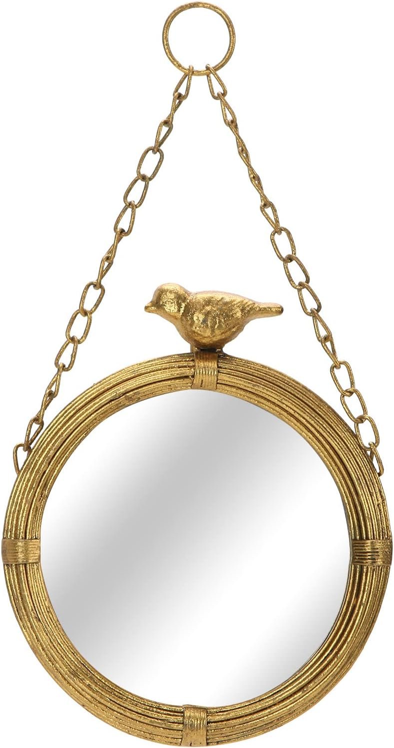 NIKKY HOME 6.7 Inch Decorative Small Hanging Mirrors Vintage Round Metal Framed Wall Mounted Mirror Decor with Bird for Bathroom Living Room Office, Rustic Gold