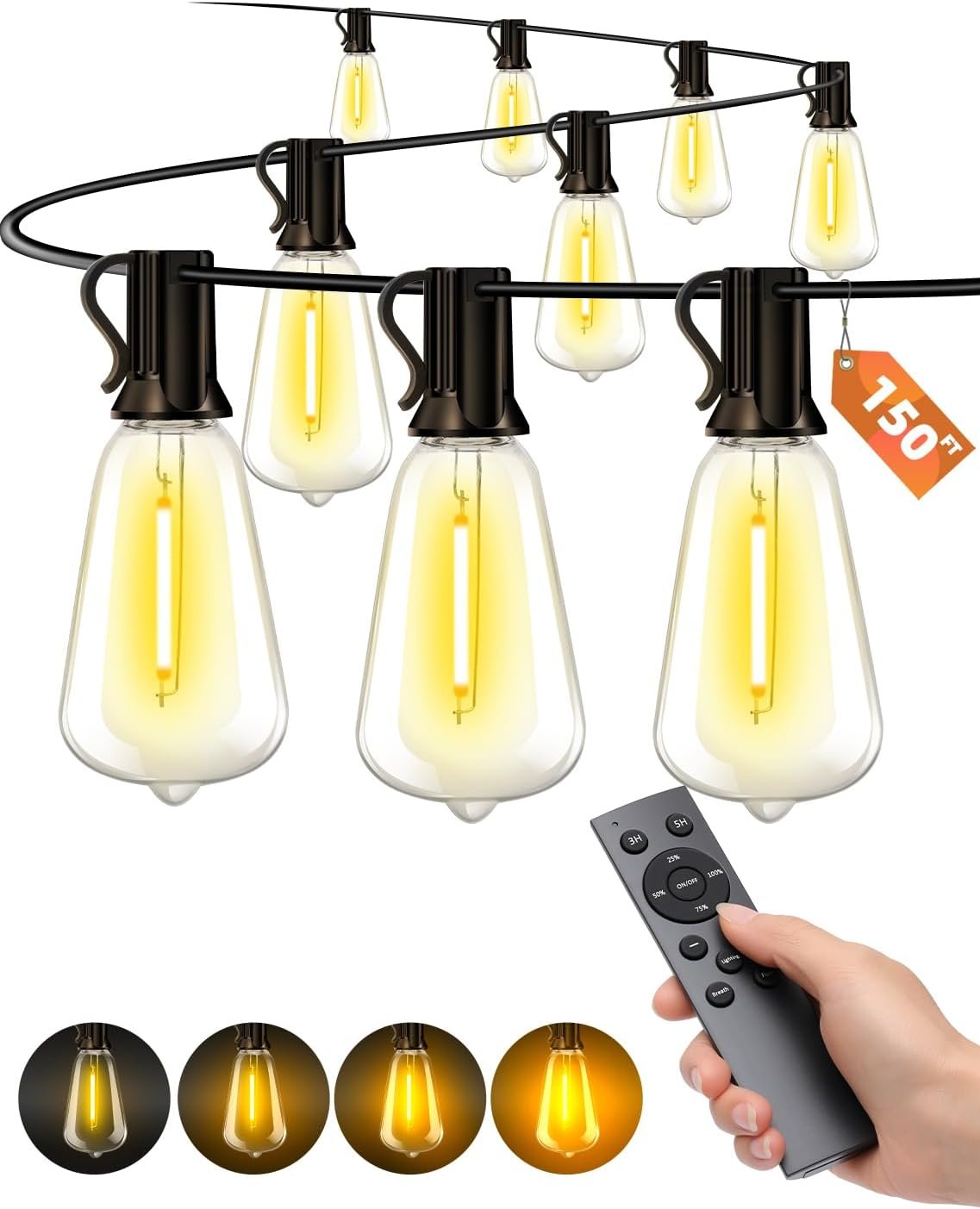 Outdoor Patio String Lights: 150Ft 45M Outside Waterproof Light – Remote Dimmable ST38 Shatterproof Bulb Connectable Hanging Outdoor Electric Lighting – Backyard Yard Gazebo Porch Party