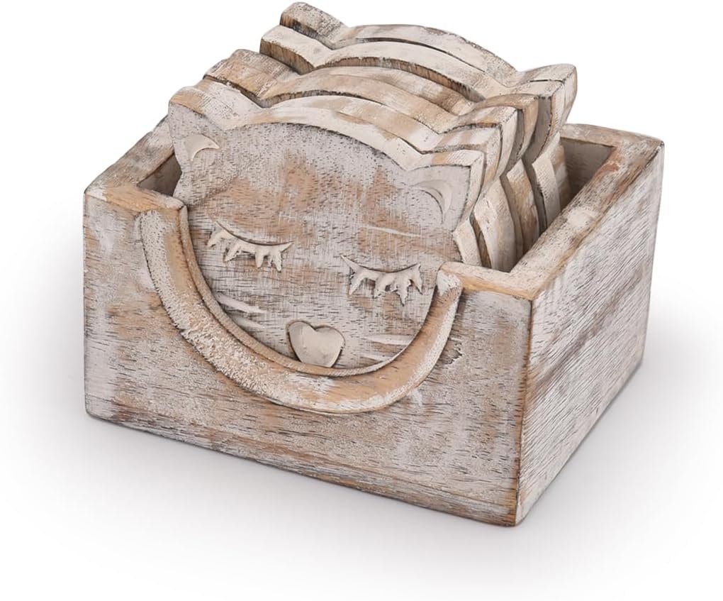 NIRMAN Wooden Crafted Unique Adorable Cat Shaped Coasters Set of 6 with Holder, Bar Dining Table Home Décor