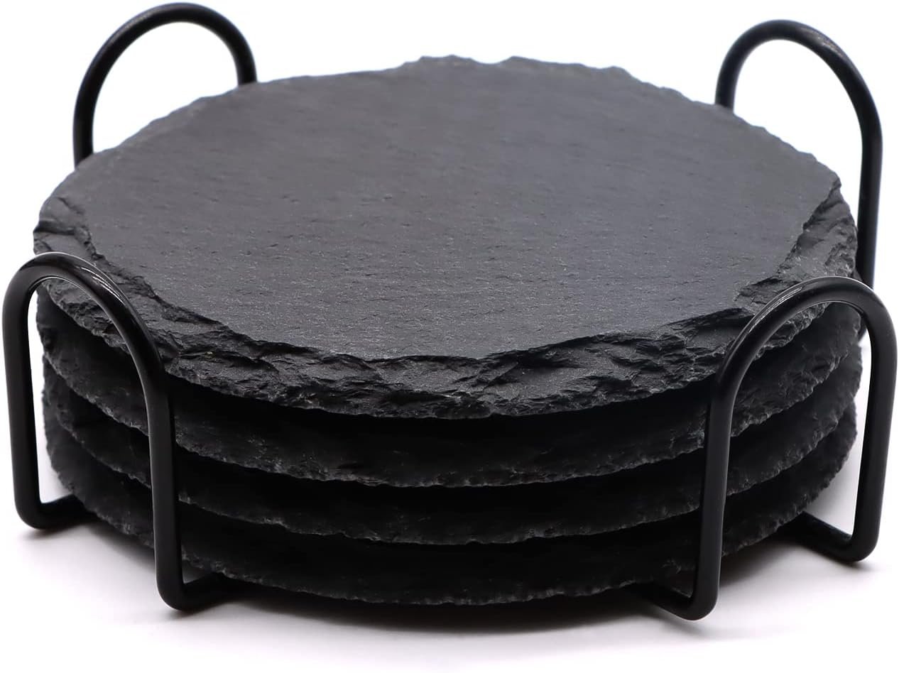 4 PCS Round Slate Drink Coasters Set, SIJDIEE 4 Inch Laser Engraving Black Slate Stone Coasters with Anti-Scratch Bottom and Coaster Holder for Office Bar Kitchen Home Dinner Table Decor Supplies | Coaster set of 4, Anti-scratch Bottom, Laser Engraving Blank, Natural Stone Coasters, DIY Craft, Bar Home Dinner Table Decor