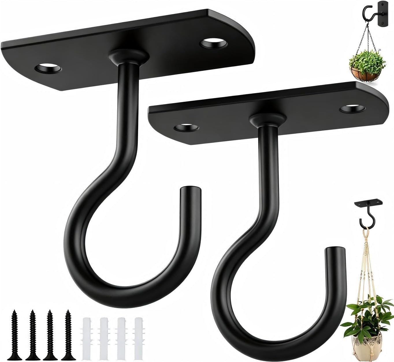 Ceiling Hooks for Hanging Plants 2Pack 2.5in,Wall Plant Hooks for Plants,Lights,Planters,Lanterns,Hanging Bird Feeders,Wind Chimes,Indoor&Outdoor Decoration Black