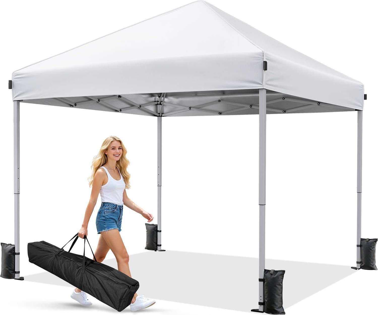 Driftalia 10×10 Easy Up Pop Up Canopy Tent, Portable Shelter, White | 3 Height Adjustments, Carry Bag, 4 Unfilled Sandbags & 8 Stakes Included for Backyard, Camping, Beach and Outdoor Events