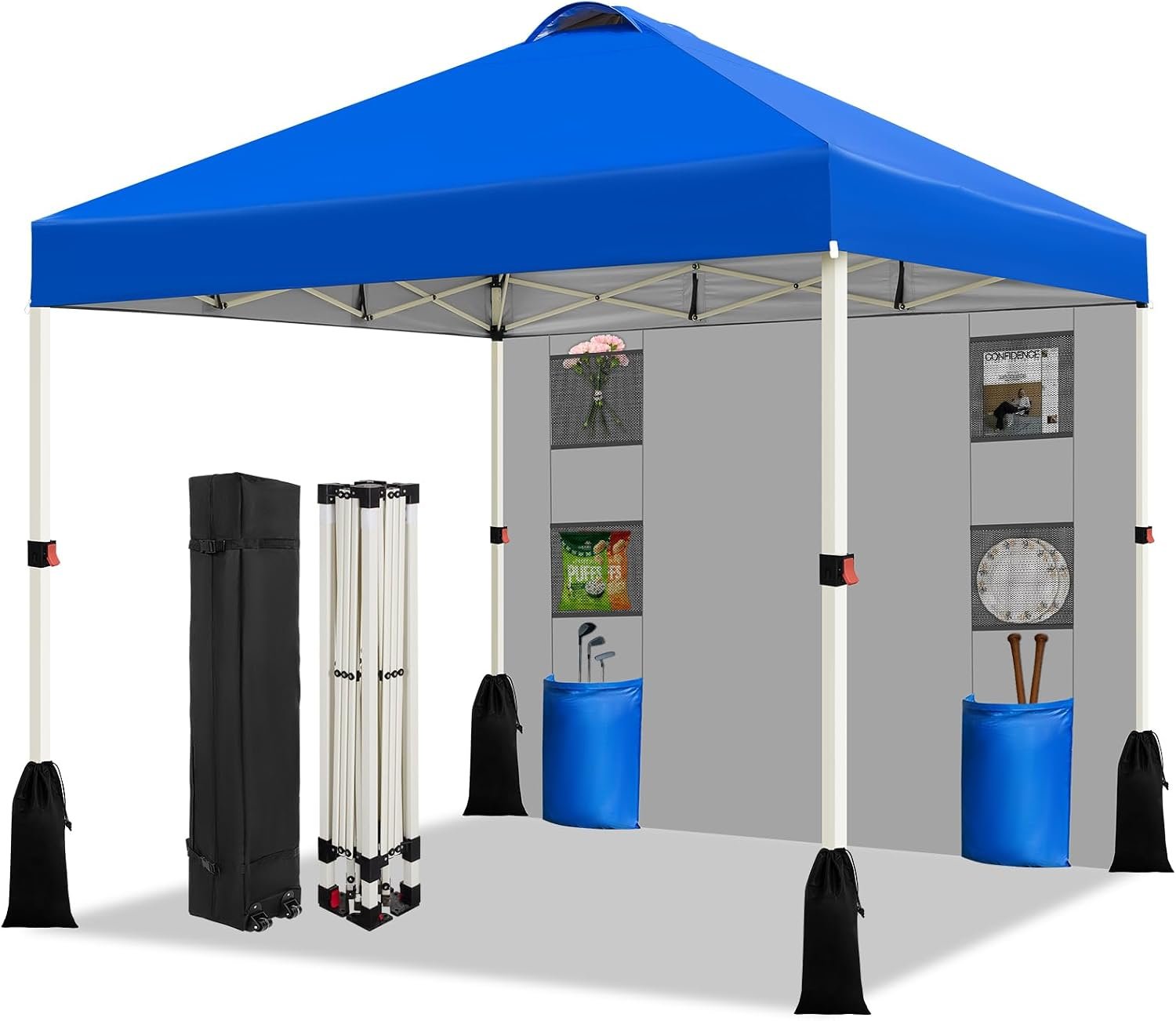 WEIZE 10×10 Pop Up Canopy Tent, 1-Button Push Setup Canopy Tent with 1 Sidewall, Adjustable Height Instant Portable Shelter,Portable Roller Bag, Easy Outdoor Sun Shade for Events,4 Weight Bags,Blue