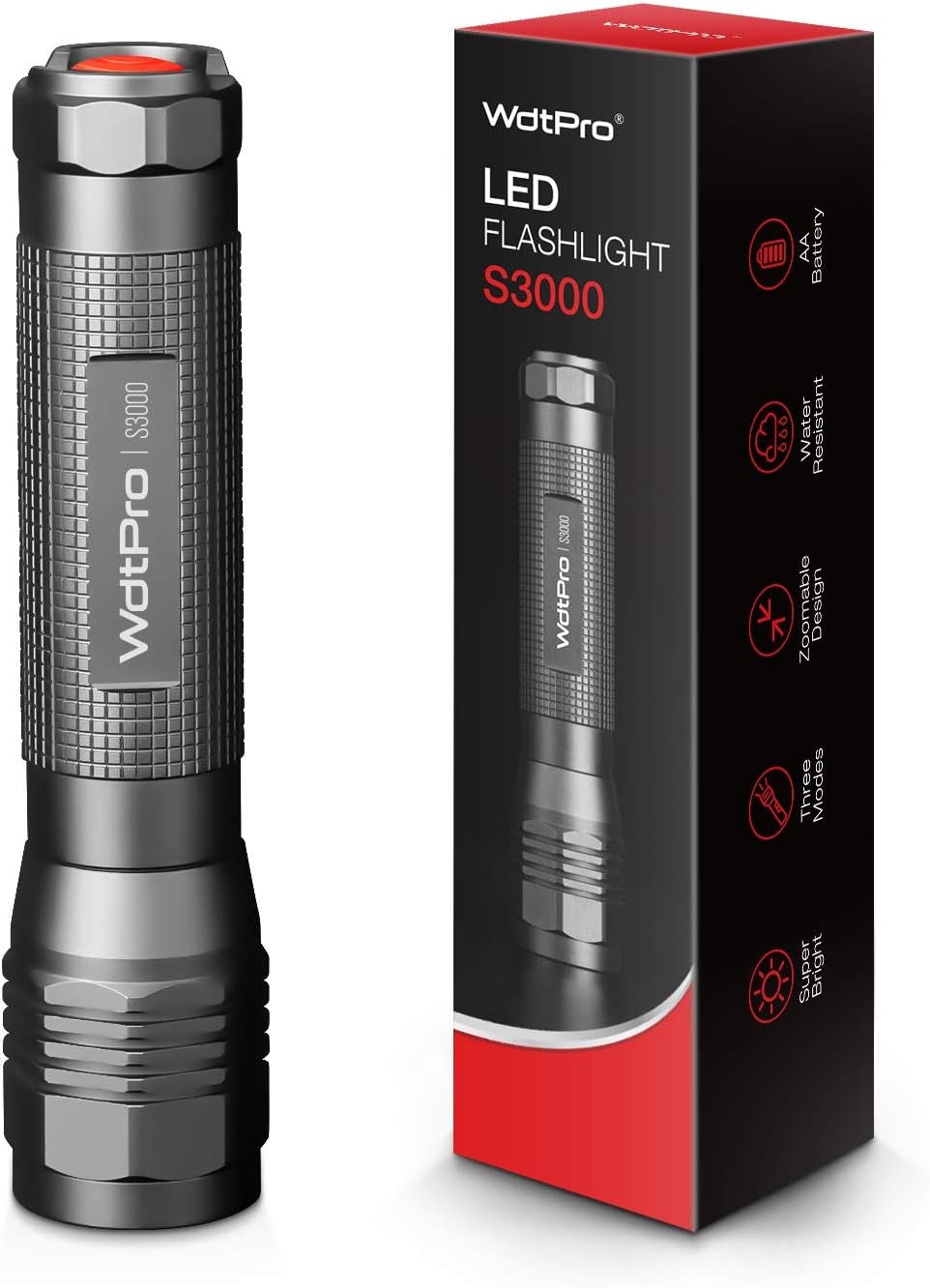 WdtPro High-Powered LED Flashlight S3000, Super Bright Flashlights – High Lumen, IP67 Water Resistant, 3 Modes and Zoomable for Camping, Emergency, Hiking, Gift