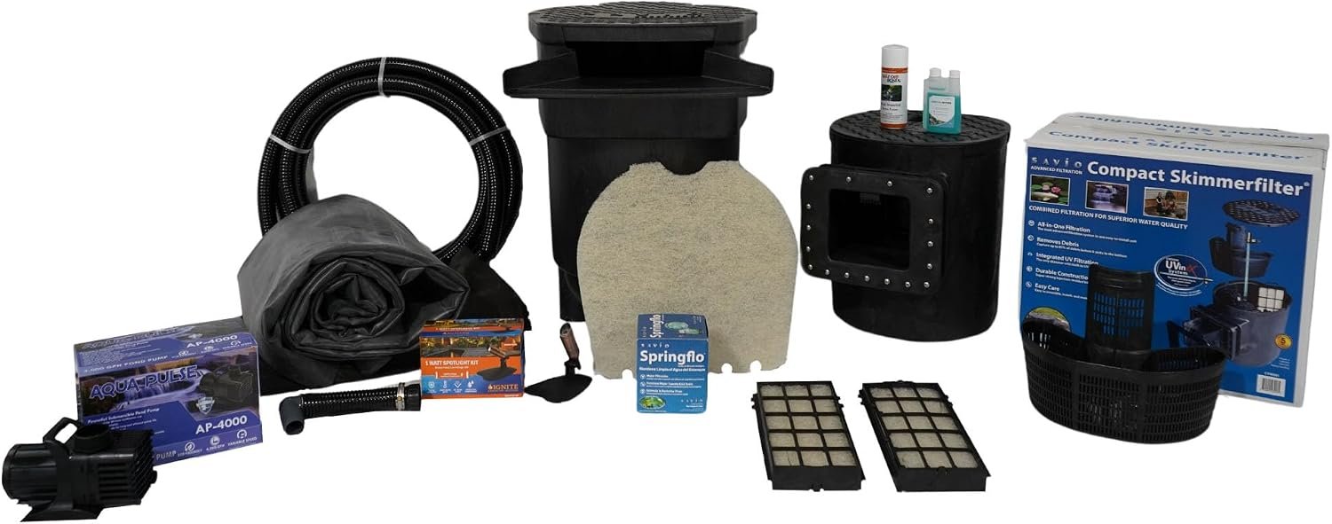 HALF OFF PONDS Savio Signature 4000 GPH Pond Kit 20 x 25 Ft EPDM Liner | Custom water feature kit, 22-inch filtering waterfall, compact skimmer, Aqua Pulse pump, all plumbing fittings included