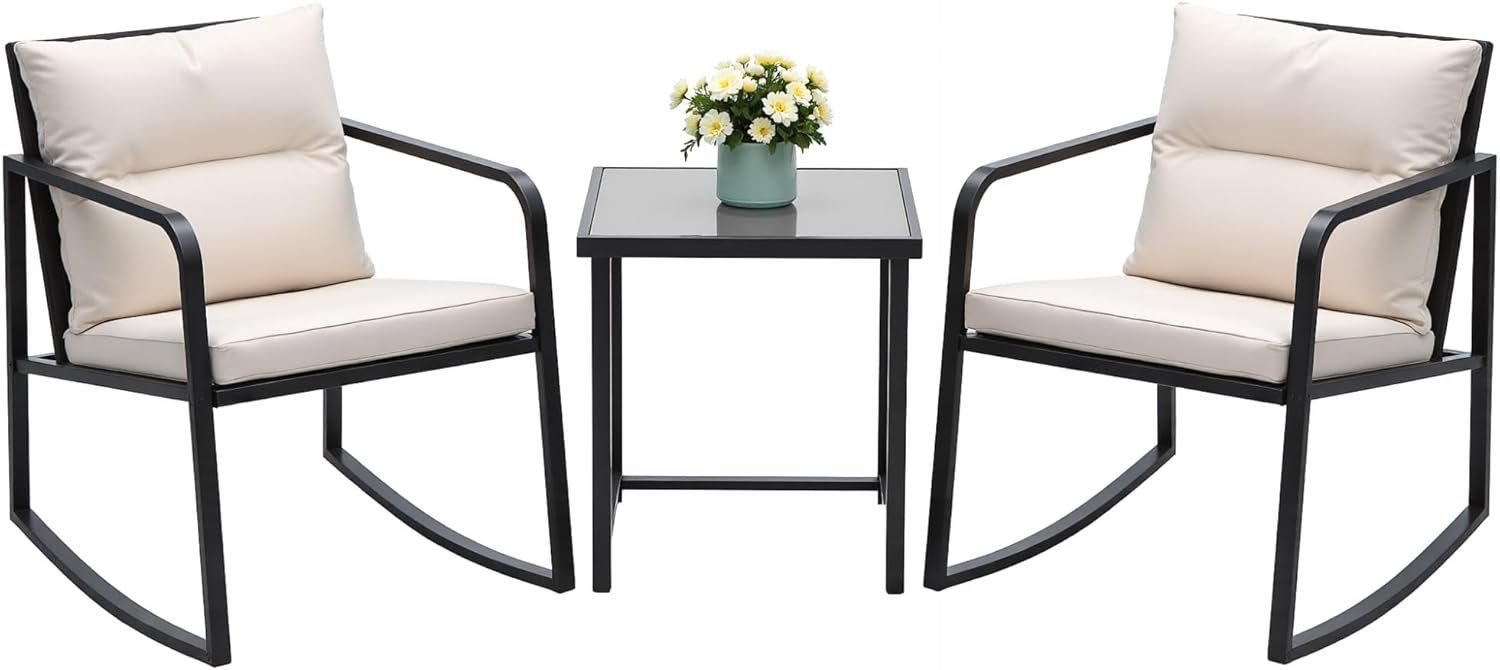 Devoko 3 Piece Rocking Bistro Set Wicker Patio Outdoor Furniture Porch Chairs Conversation Sets with Glass Coffee Table (Beige)