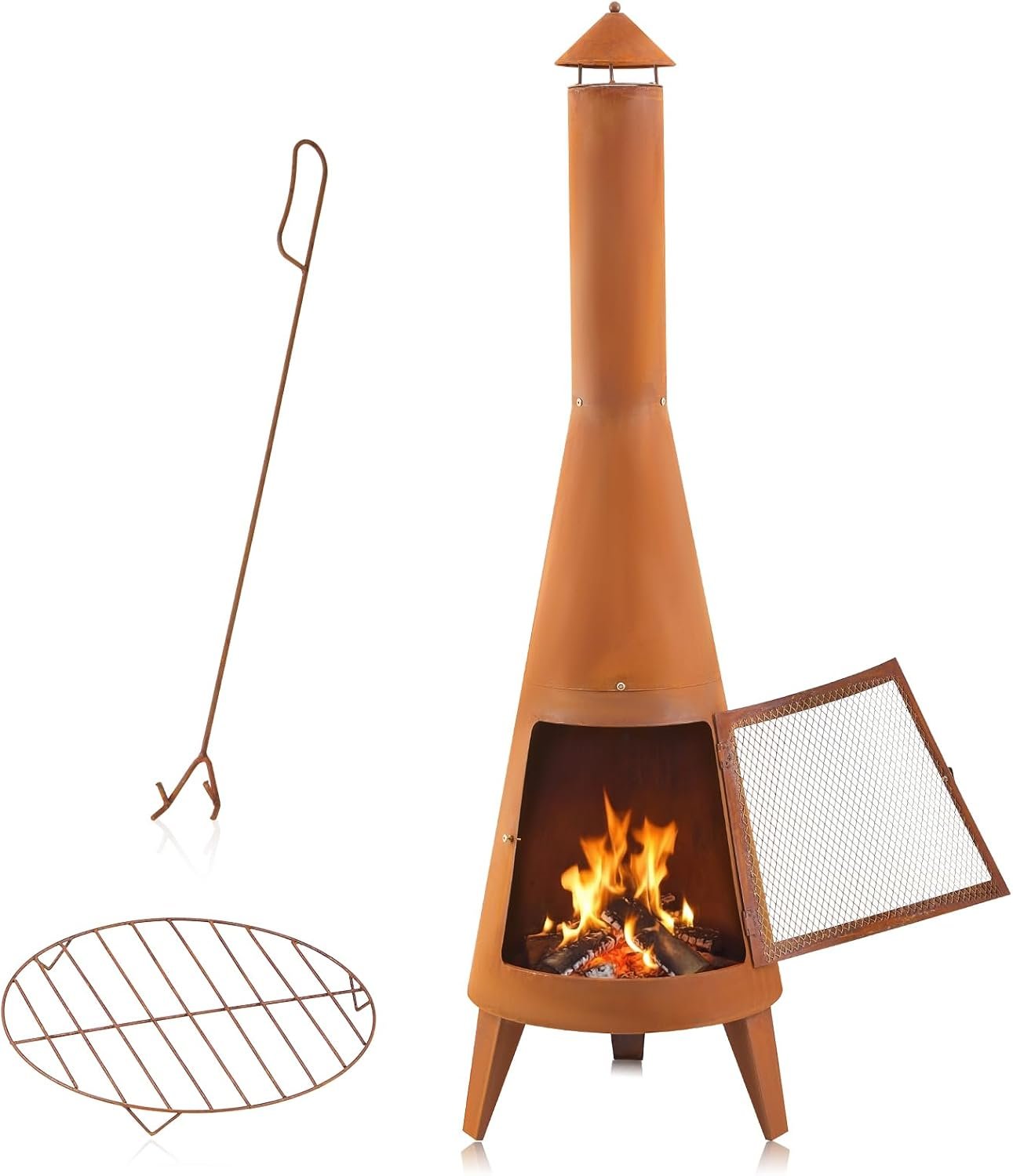 70 Inch Country Outdoor Chiminea Fireplace Heavy-Duty Steel Wood-Burning Chiminea Fire Pit with Wire Mesh Cover