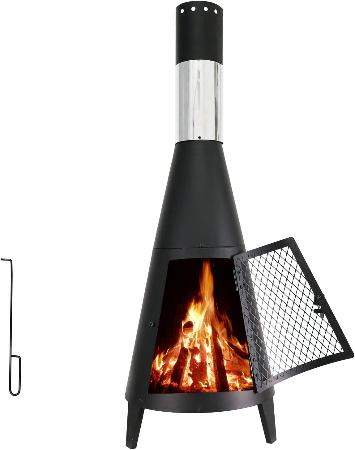 Chiminea Outdoor Fireplace Wood Burning Fire Pit with Mesh Screen | Sturdy Steel Build, Rocket Shape, Includes Fire Poker & Mesh Screen, for Patio Backyard Garden
