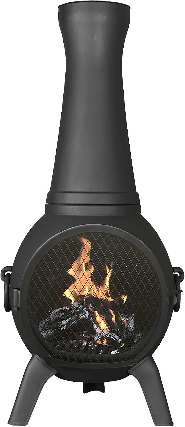 The Blue Rooster Prairie Fire Chiminea Outdoor Fireplace – Wood Burning Cast Aluminum Deck or Patio Firepit 44″ Tall