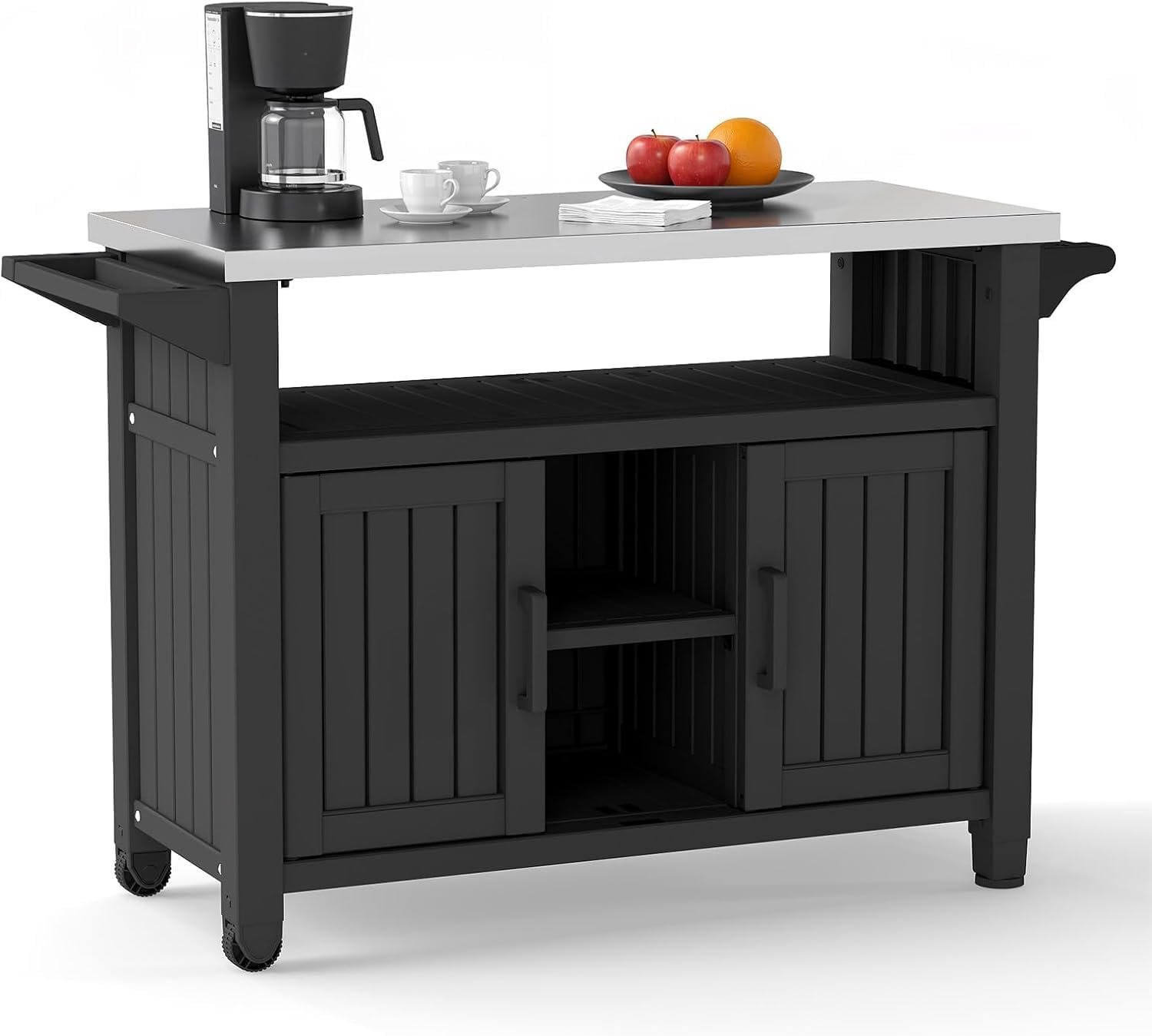 Outdoor Storage Cabinet,Patio Storage Table, Bar Table with Wheels,Outdoor Bar Cart for Patio, Poolside and Backyard,Classic Black