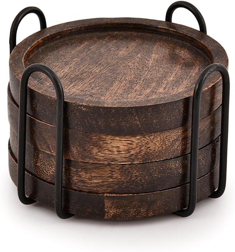 Mango Wood Coasters for Drinks with Iron Holder Stand Set of 4 for Drinking Glasses, Tabletop Protection for Any Table Type