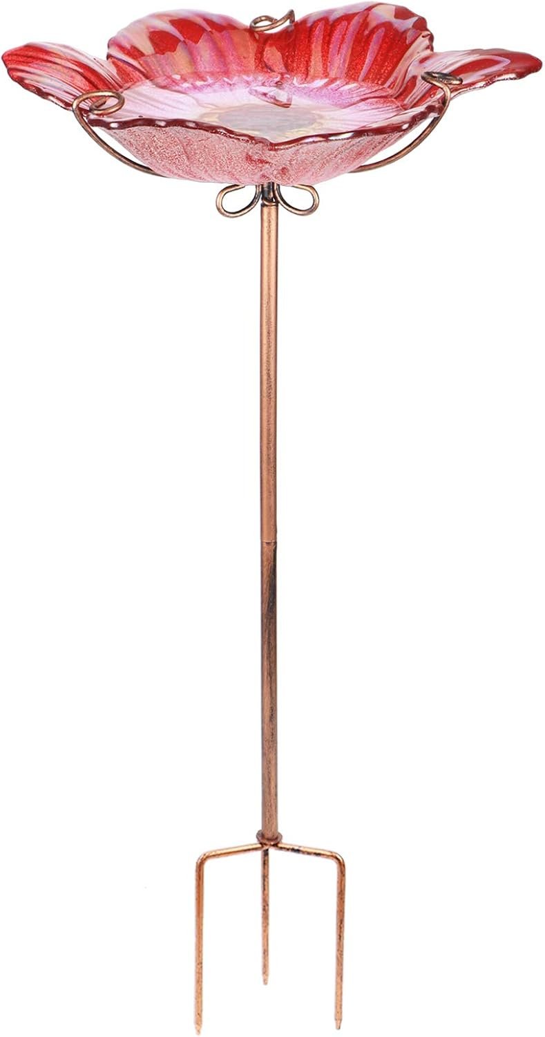 26″ Glass Bird Bath, Outdoor Birdbath Bird Feeder Red Flower Metal Stake | Bird Bath for Outside with Stable Metal Stake, Attracts Birds for Bathing and Adds Elegant Outdoor Garden Decor