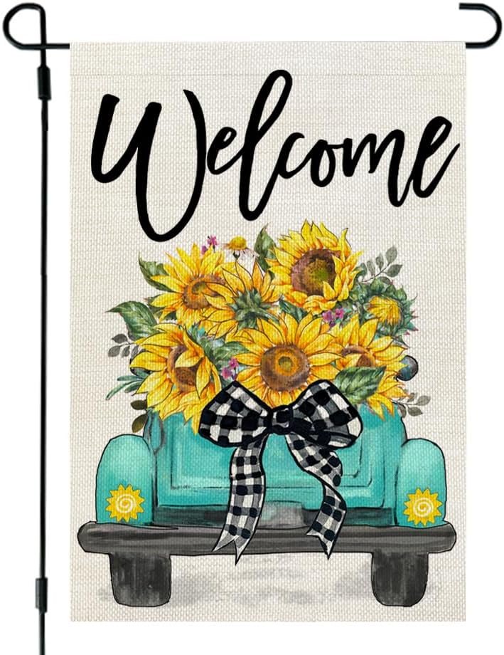 Summer Sunflower Truck Garden Flag for Outside 12×18 Inch | Weather resistant, double-sided small yard flag. Features a summer sunflower truck and Welcome message seasonal decoration.