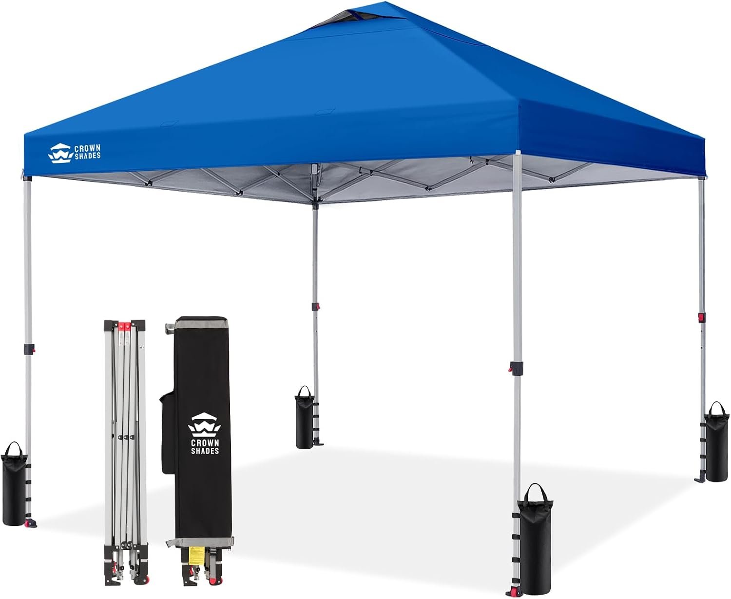 CROWN SHADES Pop Up Canopy, Patented Center Lock One Push Instant Popup Outdoor Canopy Tent, Newly Designed Storage Bag, 8 Stakes, 4 Ropes, Silver-Coated, Blue, 12x12FT