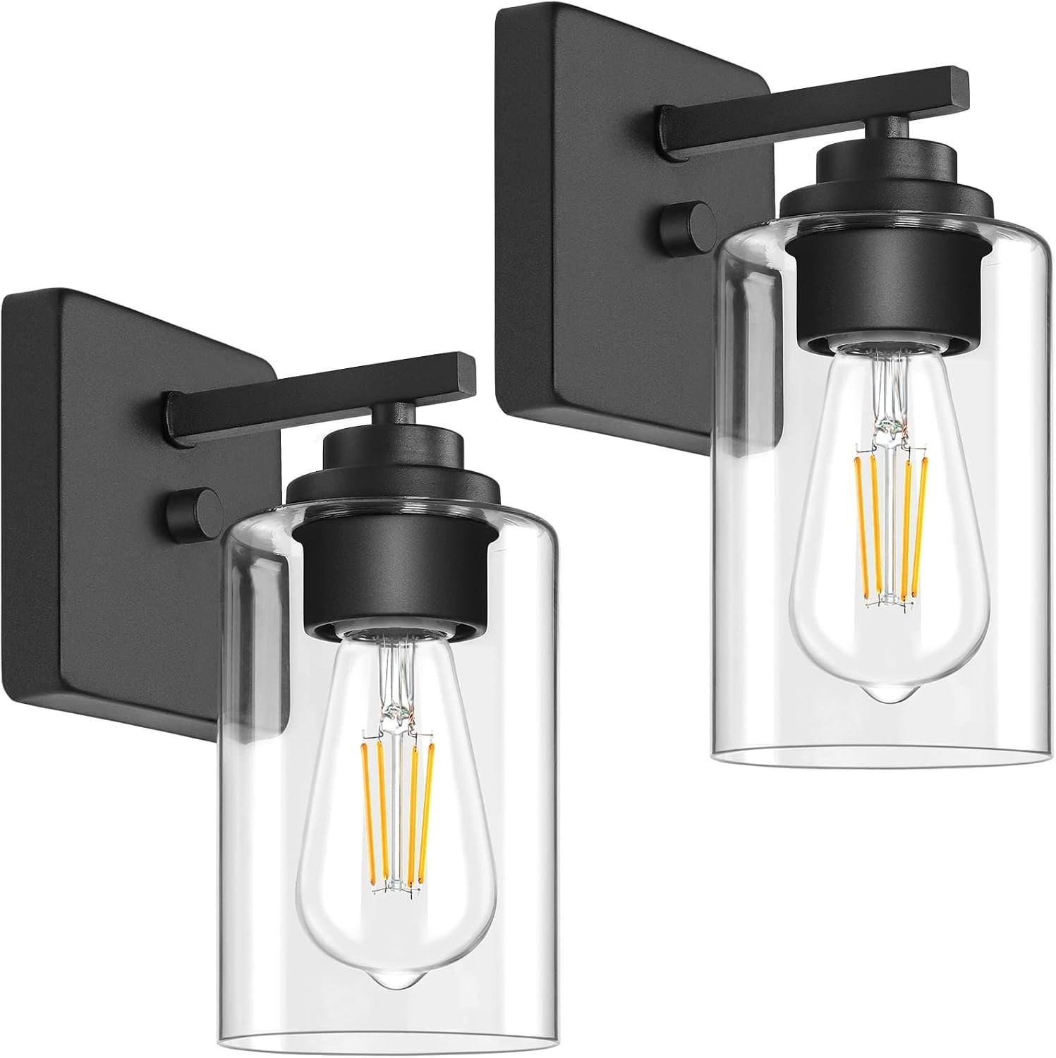 VerRon Wall Sconces Set of 2 for Bathroom, Modern Vanity Light Fixtures | Matte Black Wall Mount Lighting Lanterns, Farmhouse Wall Lights with Clear Glass Shade for Bedroom Living Room Mirror Kitchen