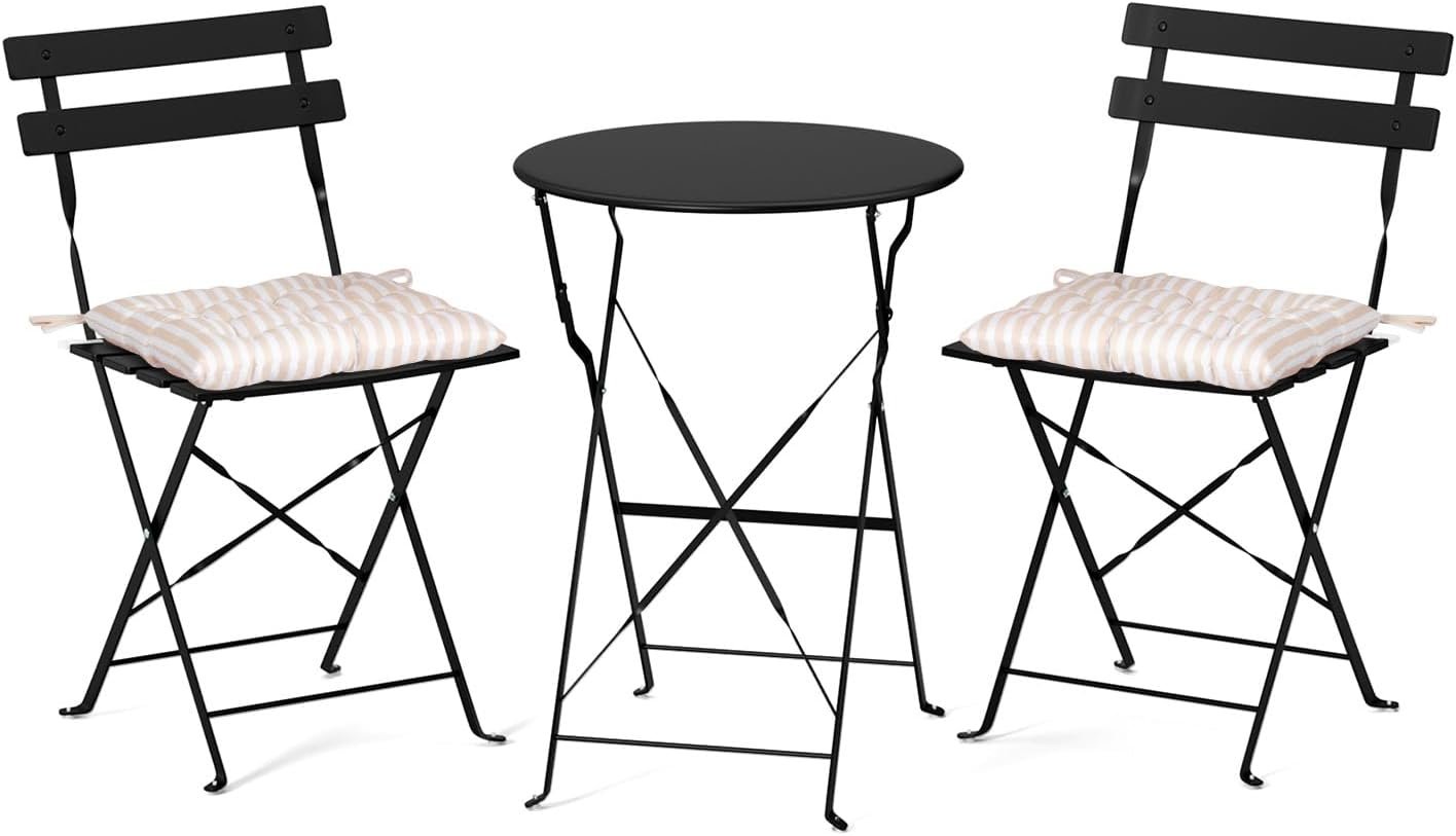 VINGLI Outdoor Folding Bistro Table and Chairs Set of 2, 3-Piece Bistro Set with Premium Steel Frame and Comfortable Cushions for Patio, Balcony, Garden, Porch, Yard, Black