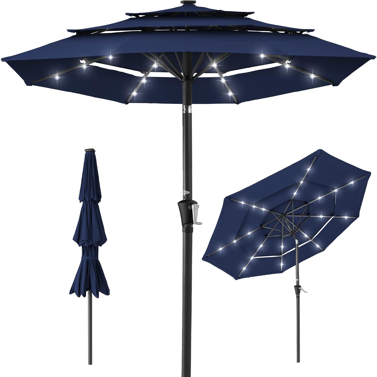 Best Choice Products 10ft 3-Tier Solar Patio Umbrella, Outdoor Market Sun Shade for Backyard, Deck, Poolside w/ 24 LED Lights, Tilt Adjustment, Easy Crank, 8 Ribs – Navy Blue