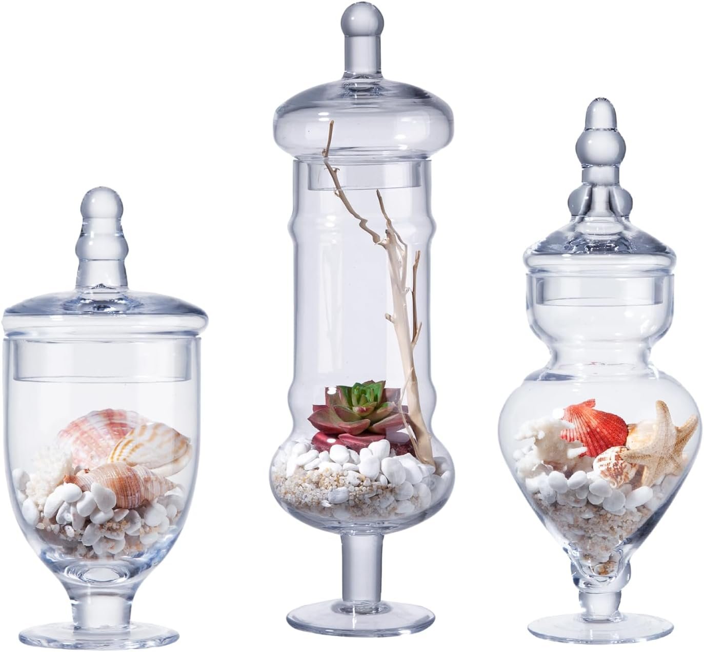 3-Pack Glass Apothecary Jars with Lids – Decorative Candy Storage Containers for Wedding, Buffet, Kitchen (H: 9″, 12.5″, 14″)
