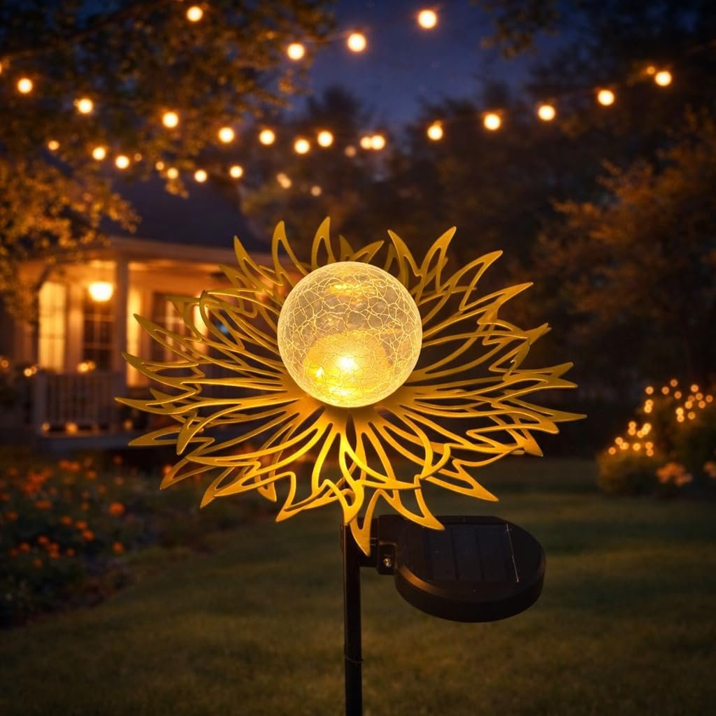 Solar Garden Lights Outdoor Decor, Metal Flower Stake Light with Warm White Crackle Glass Globe, Waterproof Decorative Solar Yard Art for Patio Lawn Backyard Pathway, Gardening Gift（Gold）