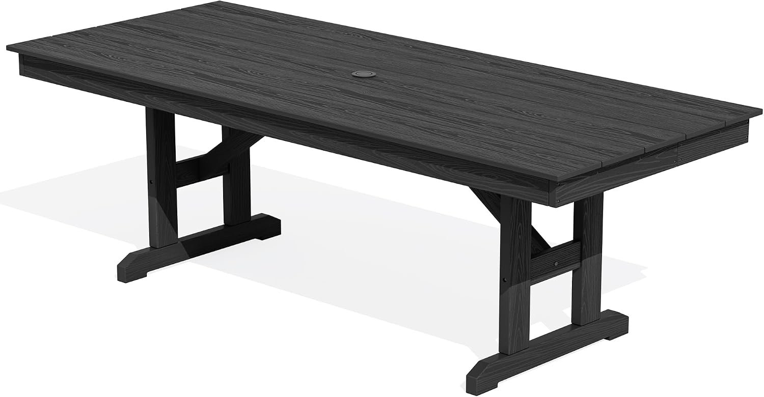 SERWALL Outdoor 84″ HDPE Dining Table with Umbrella Hole for 6-8, Black | 9-piece HDPE 84″ dining table, Ideal for Outdoor Gathering