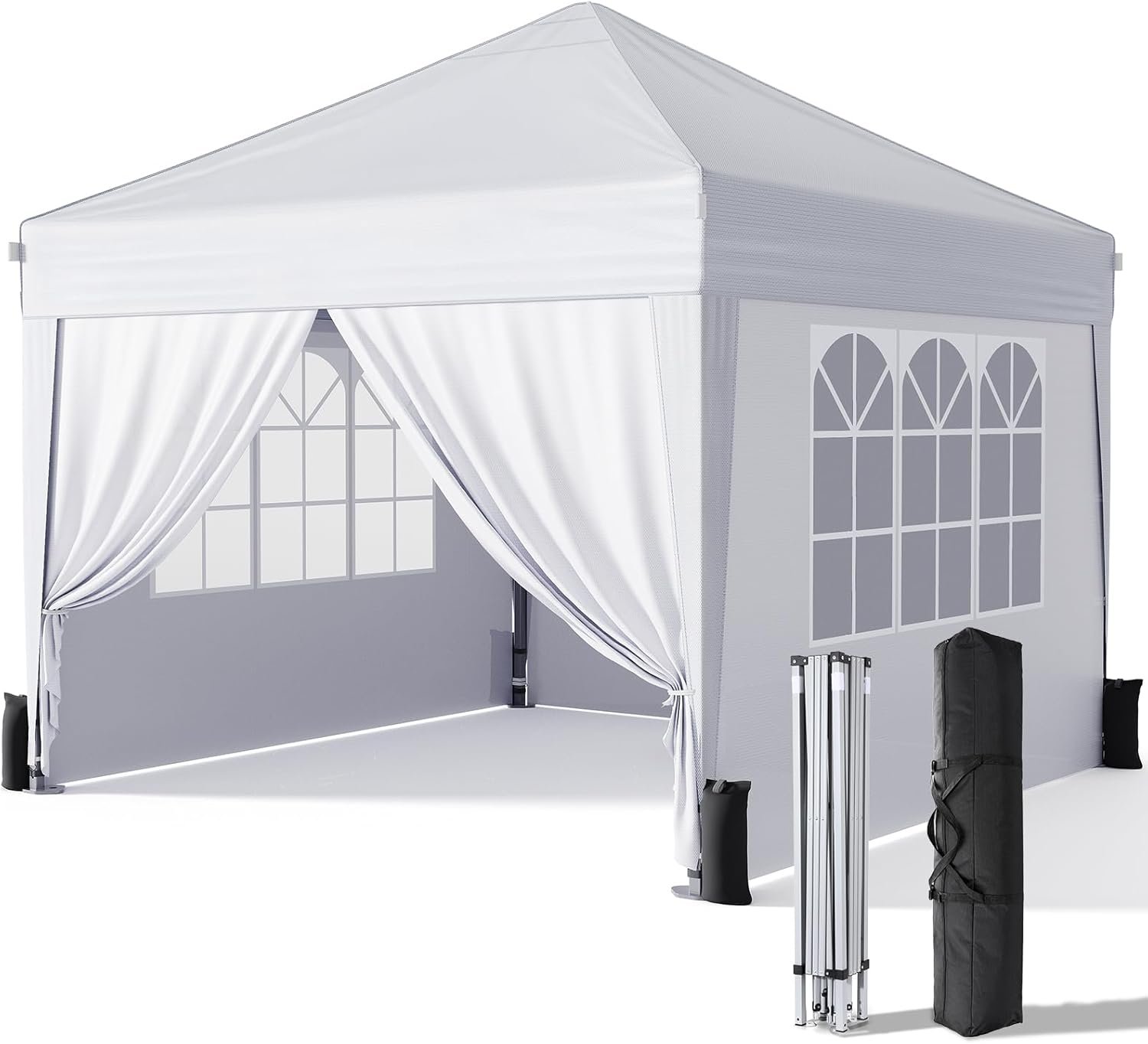 Driftalia 10×10 Pop Up Canopy Tent with Sidewalls, Instant Setup,White | One-Push Frame, 4 Removable Sidewalls, Carry Bag Included for Parties, Camping, Beach, Backyard & Outdoor Events