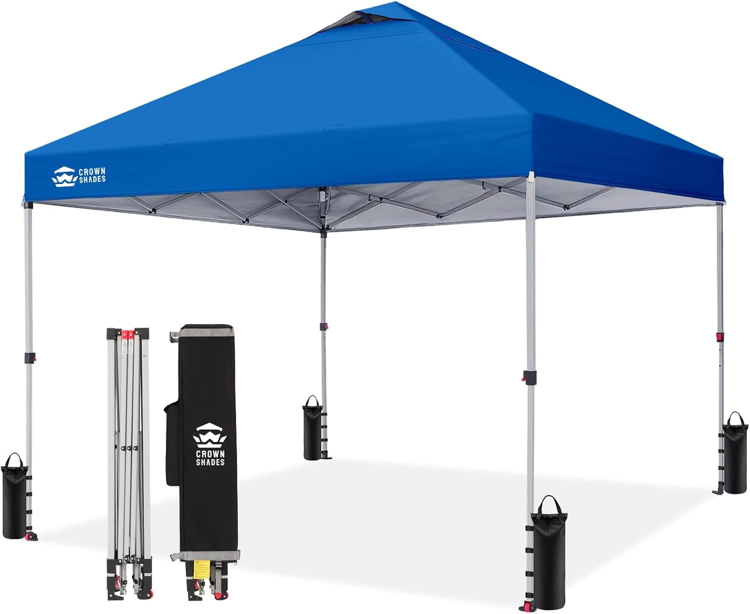 CROWN SHADES 10×10 Pop Up Canopy Tent with One Push Setup, Blue | Patented CenterLok, Easy Outdoor Sun Shade for Events, Parties, Camping – Gazebo with STO-N-Go Cover Bag, Silver-Coated Top