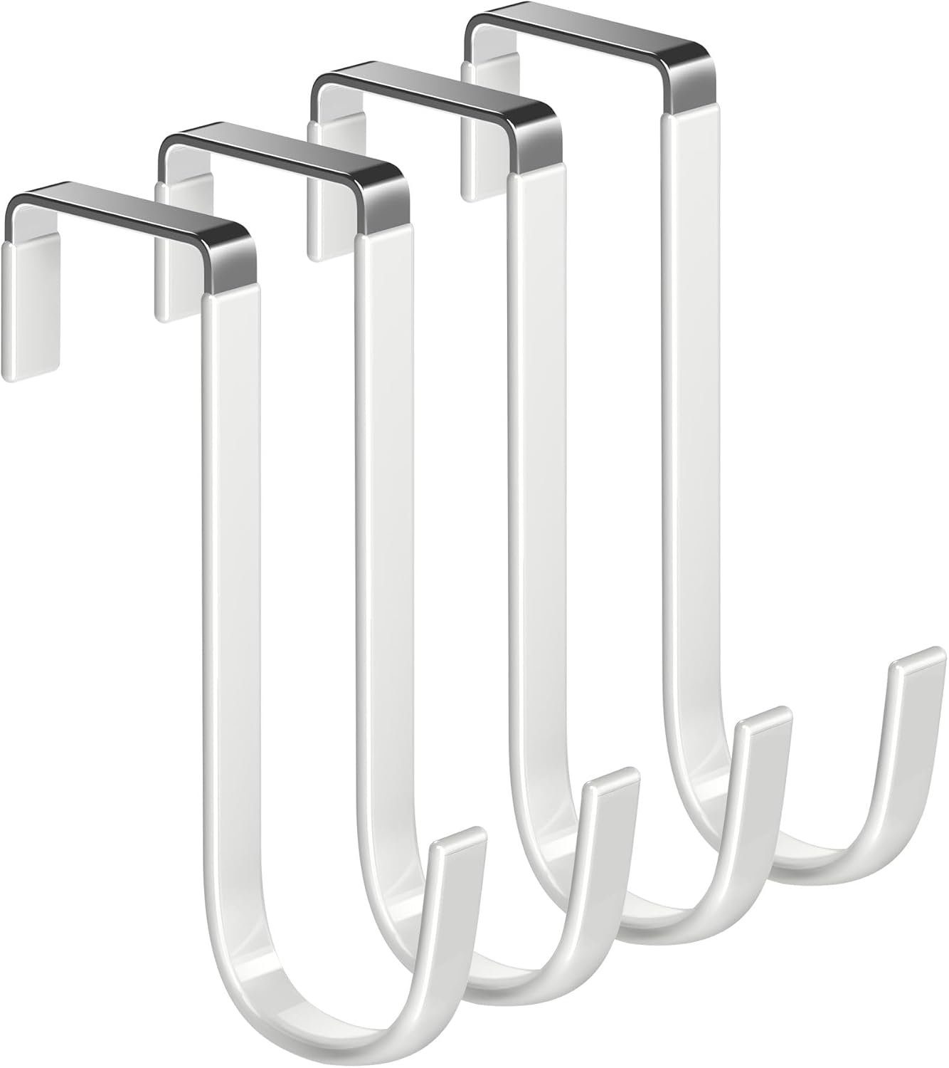 Single Over Door Steel Hooks 4 Pack Fit 1-3/8″ Door 5.5″ White | Plastic Coated Rubber Feel Towel Rack Robe Coat Shoe Wreath Hanger No Damage No Scratch for Bathroom Heavy Duty Thin Top
