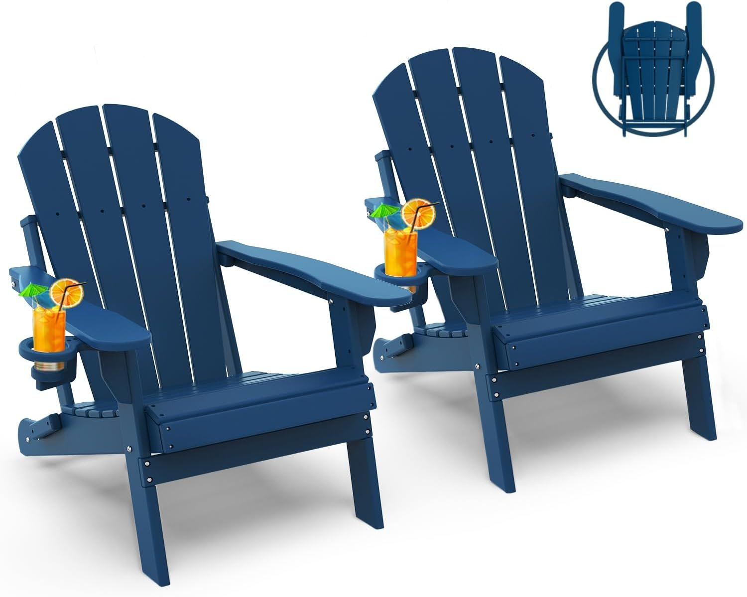 GREENVINES Folding-Adirondack-Chairs Set of 2, HDPE All Weather, Blue | Hidden Cup Holder | 5” Wide Armrests | Foldable Fire Pit Chair | Reclined Legs | Low Maintenance for Outdoor Patio Deck