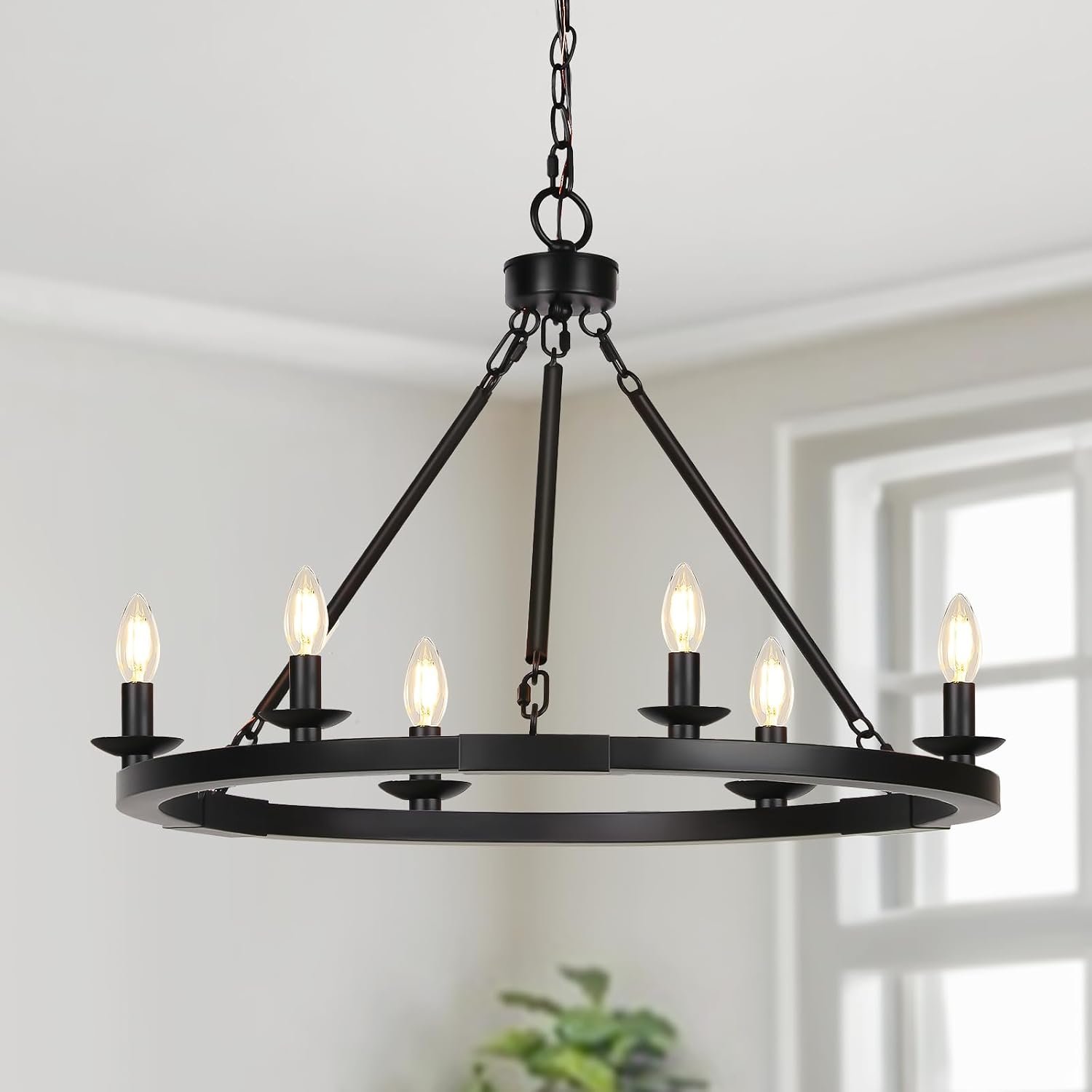 Black Farmhouse Chandelier, 6-Light Wagon Wheel Pendant Light | Dining Room Light Fixture with Adjustable Height, Hanging Lights for Kitchen Island Living Room Bedroom Entryway, E12 Base