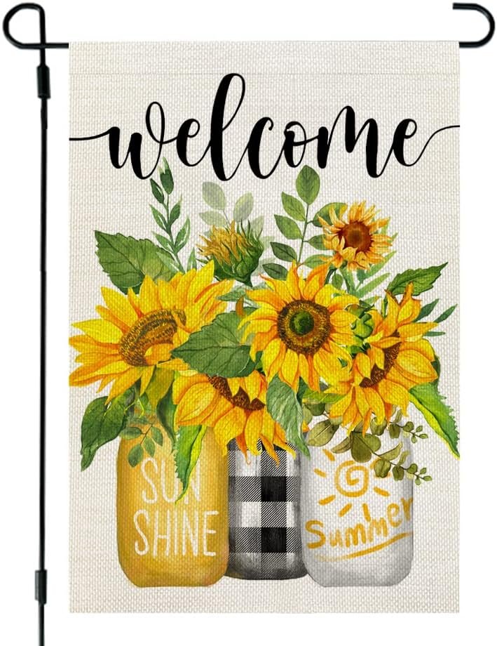CROWNED BEAUTY Summer Sunflower Garden Flag Mason Jar Double Sided 12×18 Inches Small Burlap Seasonal Welcome Yard Porch Decoration for Outside