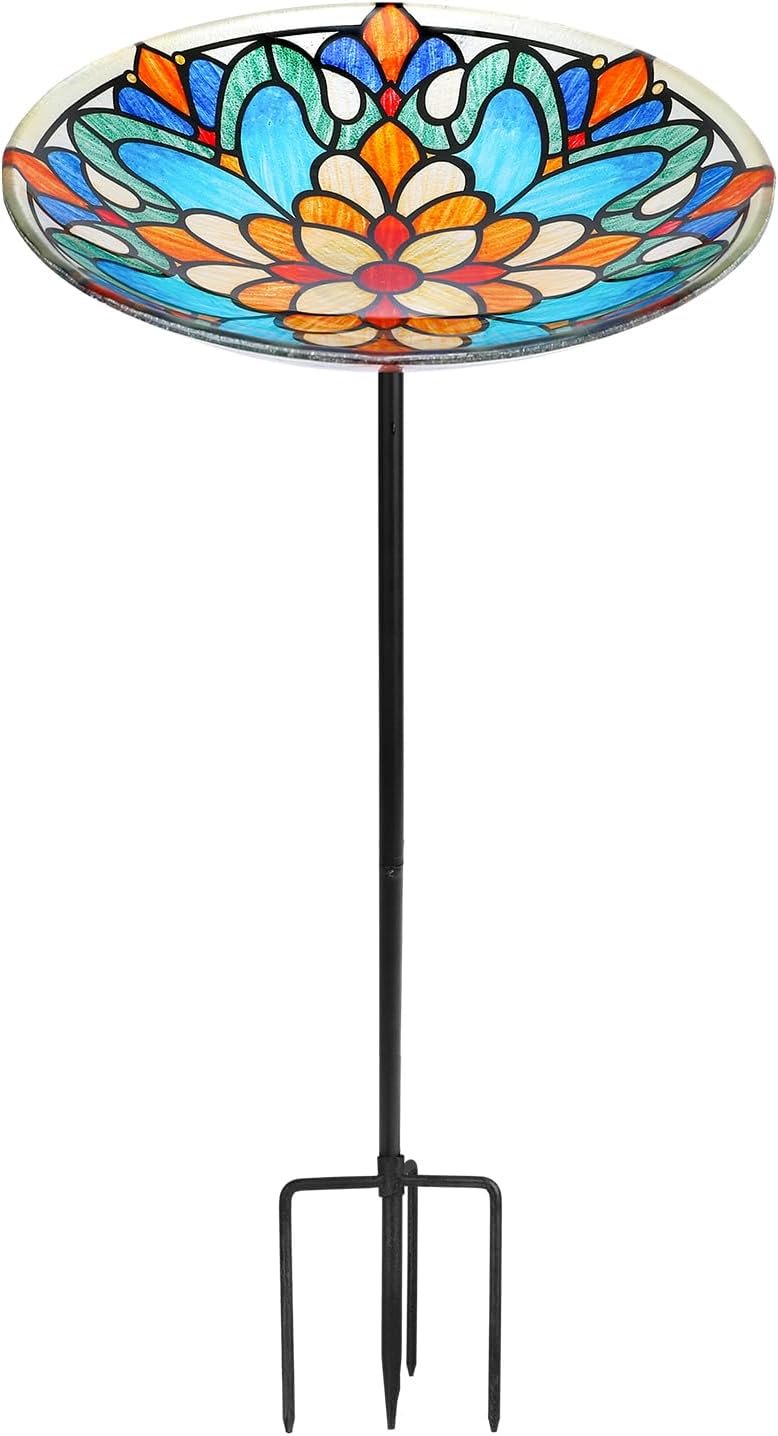 Bird Bath Outdoor, Glass BirdBaths Bowl with Metal Stake for Garden Decor | 24 Inch Height Glass Bird Bath, Birdbath for Garden Yard, Rust-Resistant Iron Stand Bird Feeder Station
